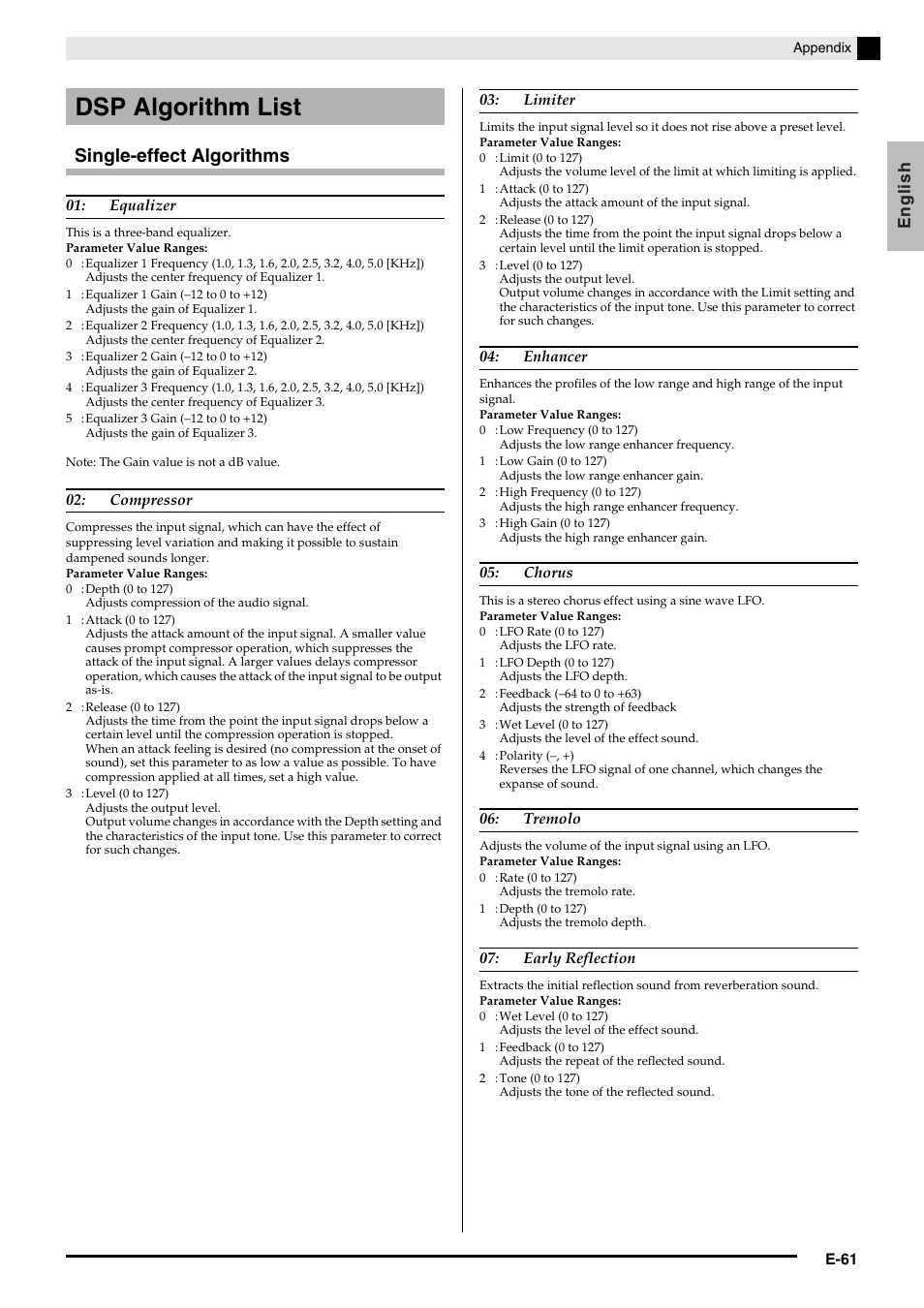 Dsp algorithm list, Single-effect algorithms, English | Casio Privia PX3ES1A User Manual | Page 63 / 70