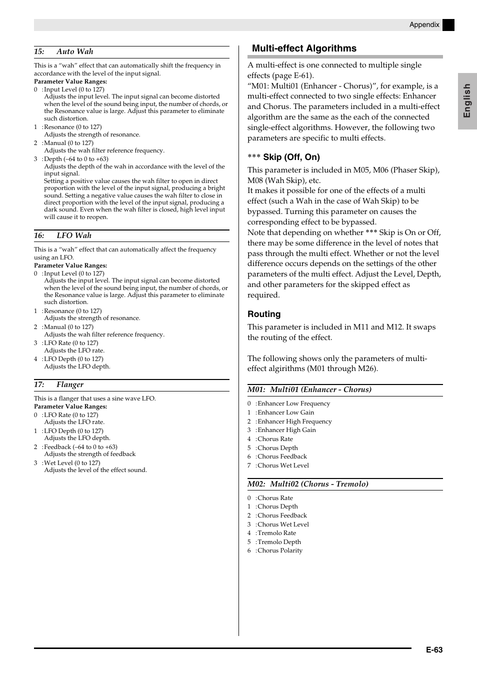 Multi-effect algorithms, English, Skip (off, on) | Routing | Casio Privia PX3ES1A User Manual | Page 65 / 70