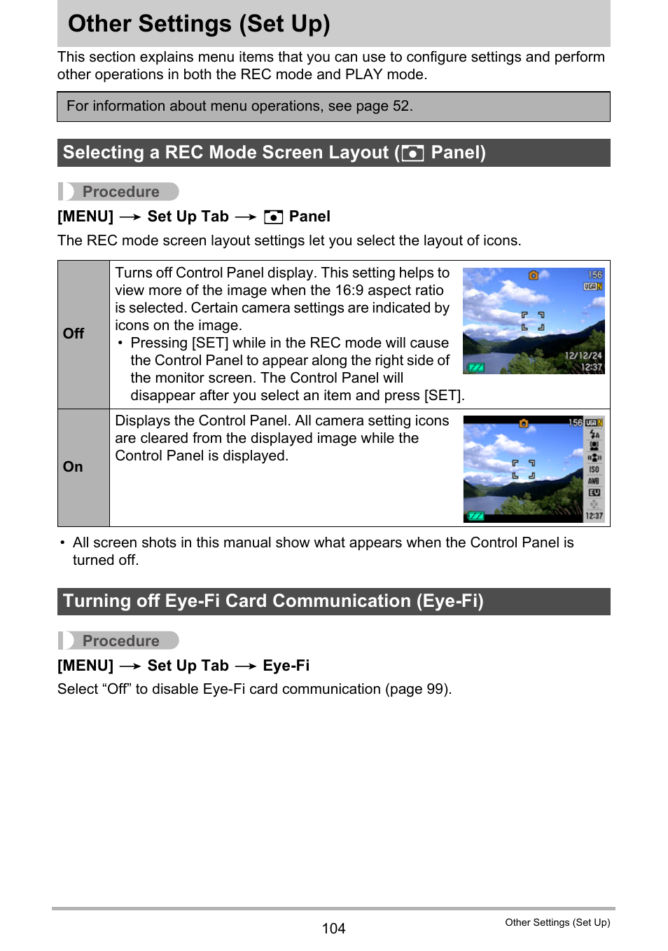 Other settings (set up), Selecting a rec mode screen layout (_ panel), Turning off eye-fi card communication (eye-fi) | Other settings, Set up) 104, Age 104), Selecting a rec mode screen layout ( r panel) | Casio EXILIM EX-Z33 User Manual | Page 104 / 142