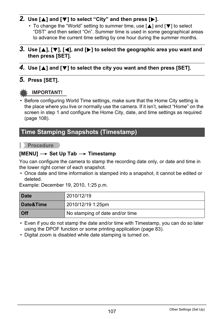 Time stamping snapshots (timestamp) | Casio EXILIM EX-Z33 User Manual | Page 107 / 142