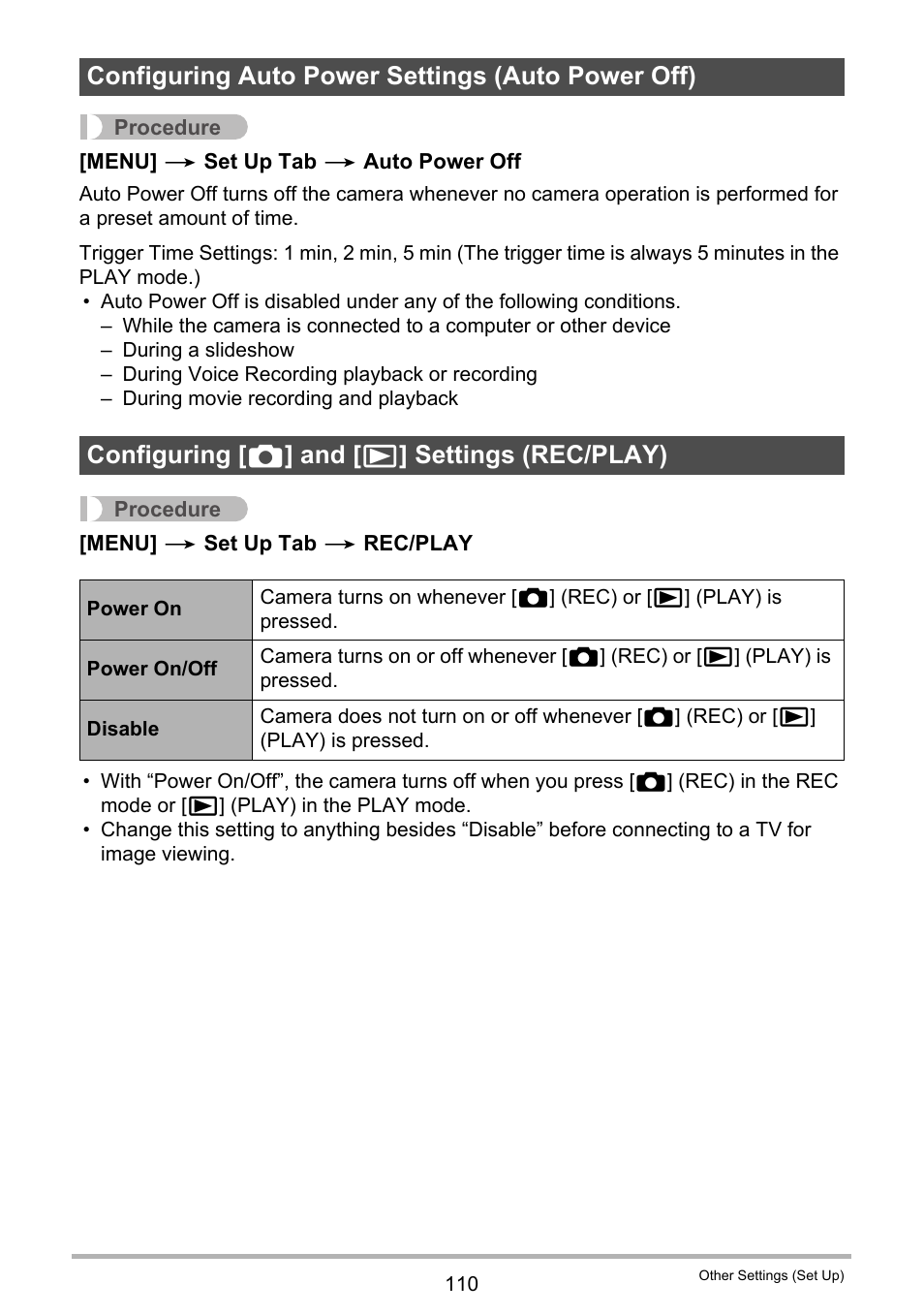 Configuring auto power settings (auto power off), Configuring [_] and [>] settings (rec/play) | Casio EXILIM EX-Z33 User Manual | Page 110 / 142