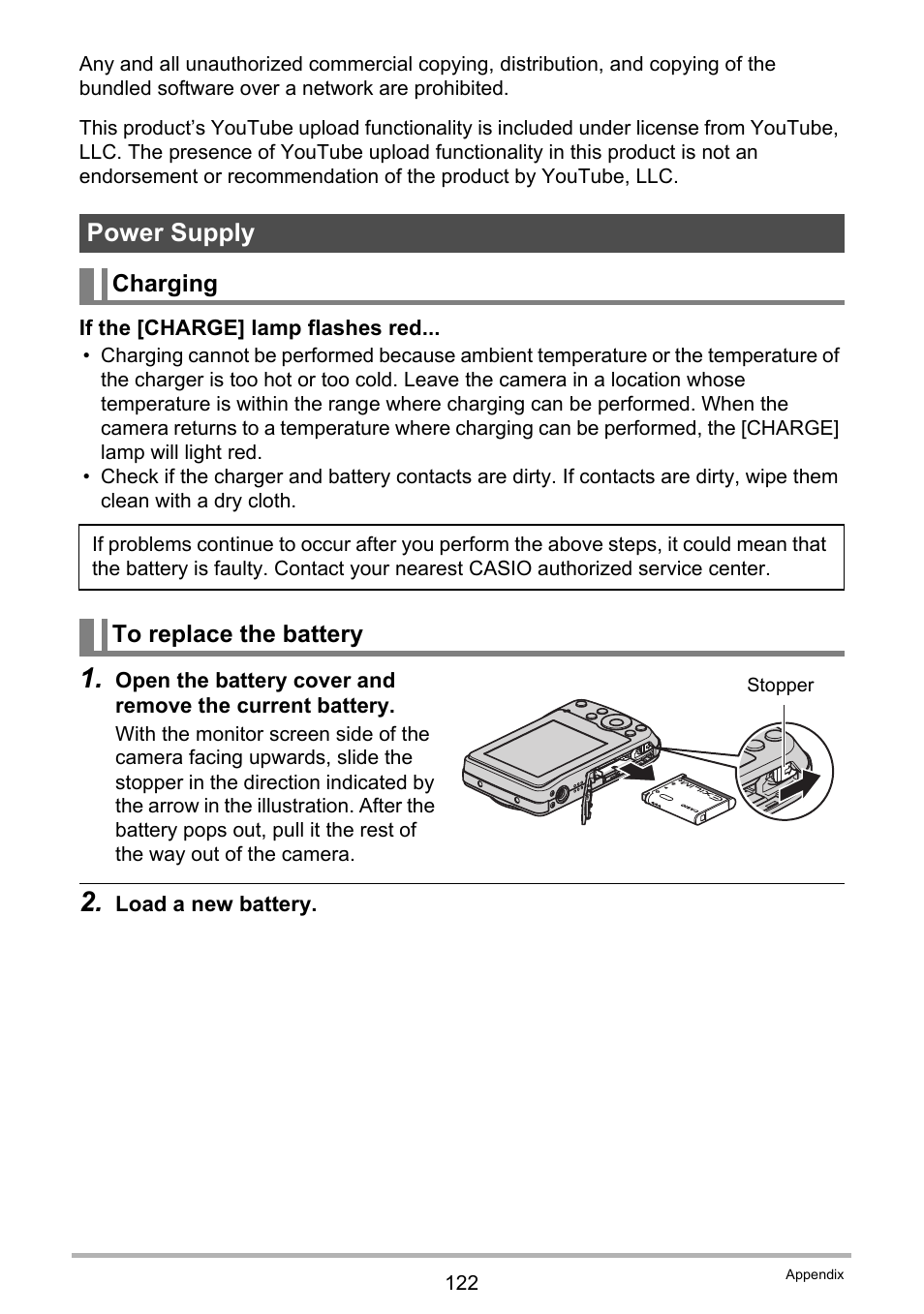 Power supply, Charging, To replace the battery | E 122 | Casio EXILIM EX-Z33 User Manual | Page 122 / 142