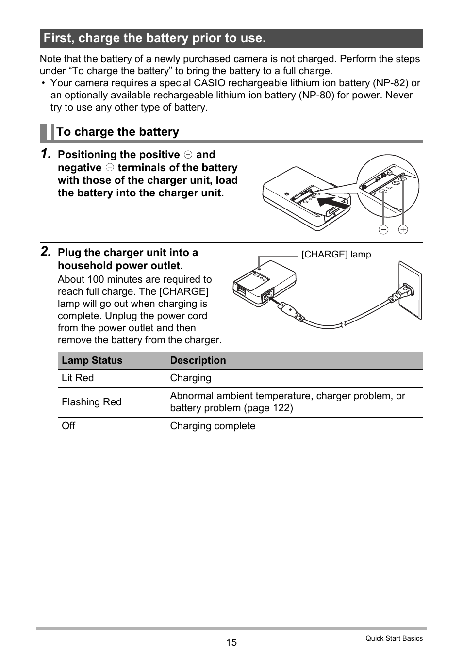 First, charge the battery prior to use, To charge the battery | Casio EXILIM EX-Z33 User Manual | Page 15 / 142
