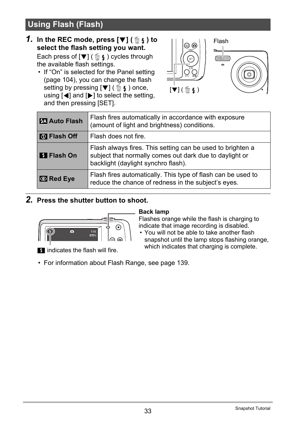 Using flash (flash) | Casio EXILIM EX-Z33 User Manual | Page 33 / 142