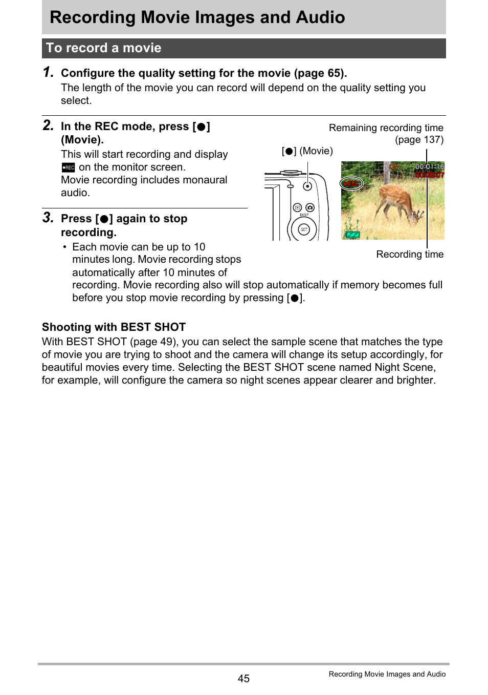 Recording movie images and audio, To record a movie | Casio EXILIM EX-Z33 User Manual | Page 45 / 142