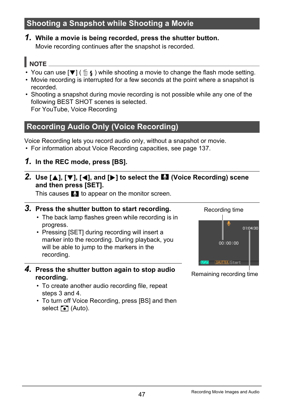 Shooting a snapshot while shooting a movie, Recording audio only (voice recording) | Casio EXILIM EX-Z33 User Manual | Page 47 / 142