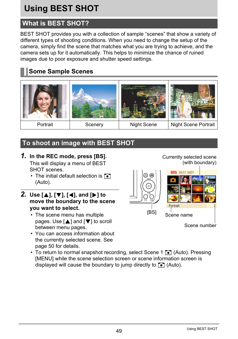 Using best shot, What is best shot, Some sample scenes | To shoot an image with best shot | Casio EXILIM EX-Z33 User Manual | Page 49 / 142