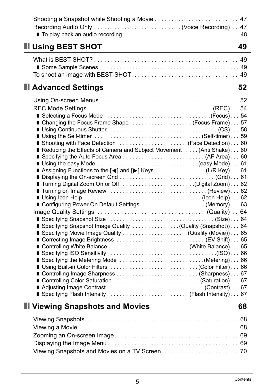 Using best shot 49, Advanced settings 52, Viewing snapshots and movies 68 | Casio EXILIM EX-Z33 User Manual | Page 5 / 142