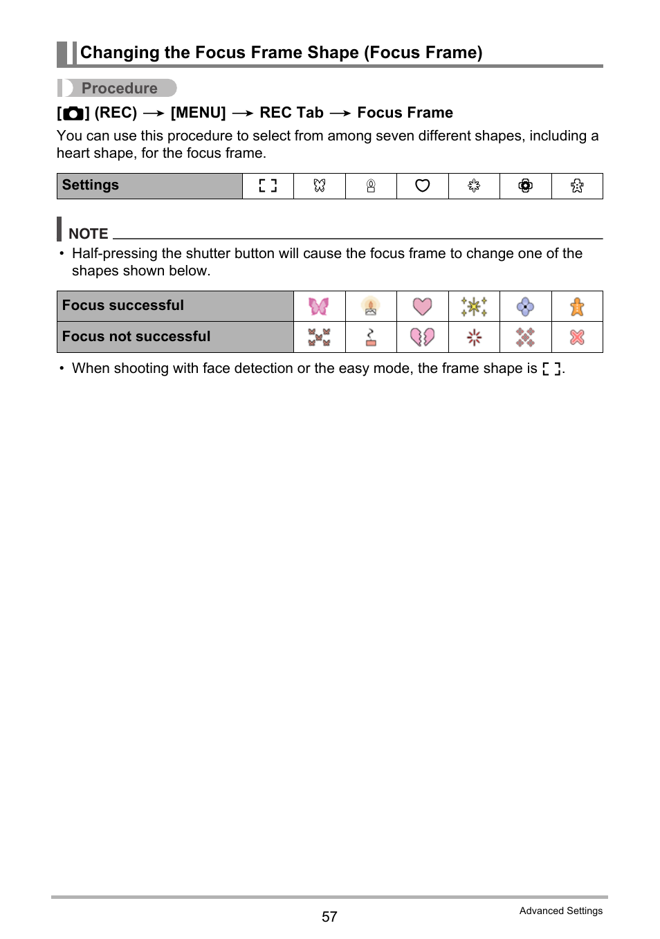 Changing the focus frame shape (focus frame) | Casio EXILIM EX-Z33 User Manual | Page 57 / 142