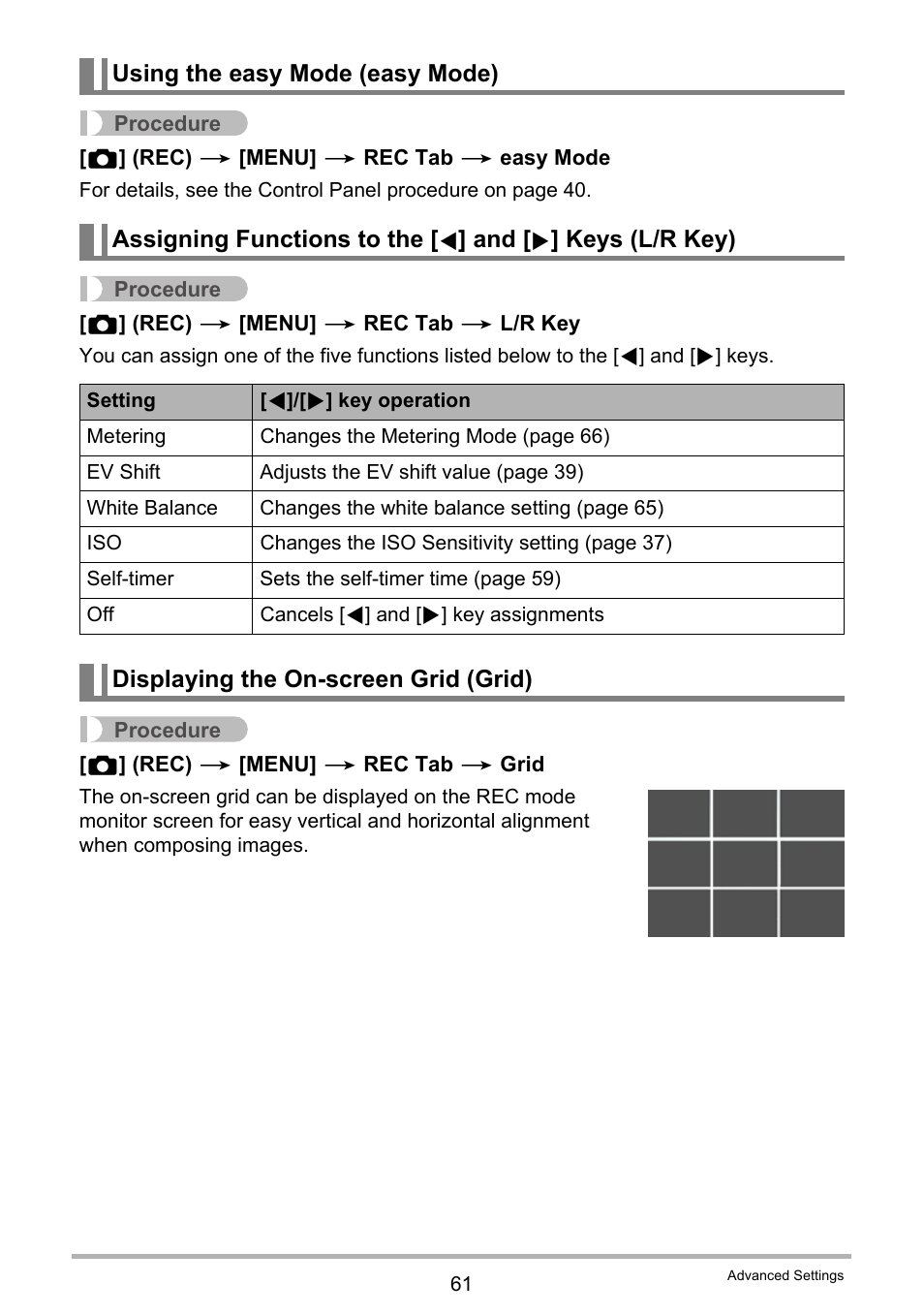 Using the easy mode (easy mode), Displaying the on-screen grid (grid) | Casio EXILIM EX-Z33 User Manual | Page 61 / 142