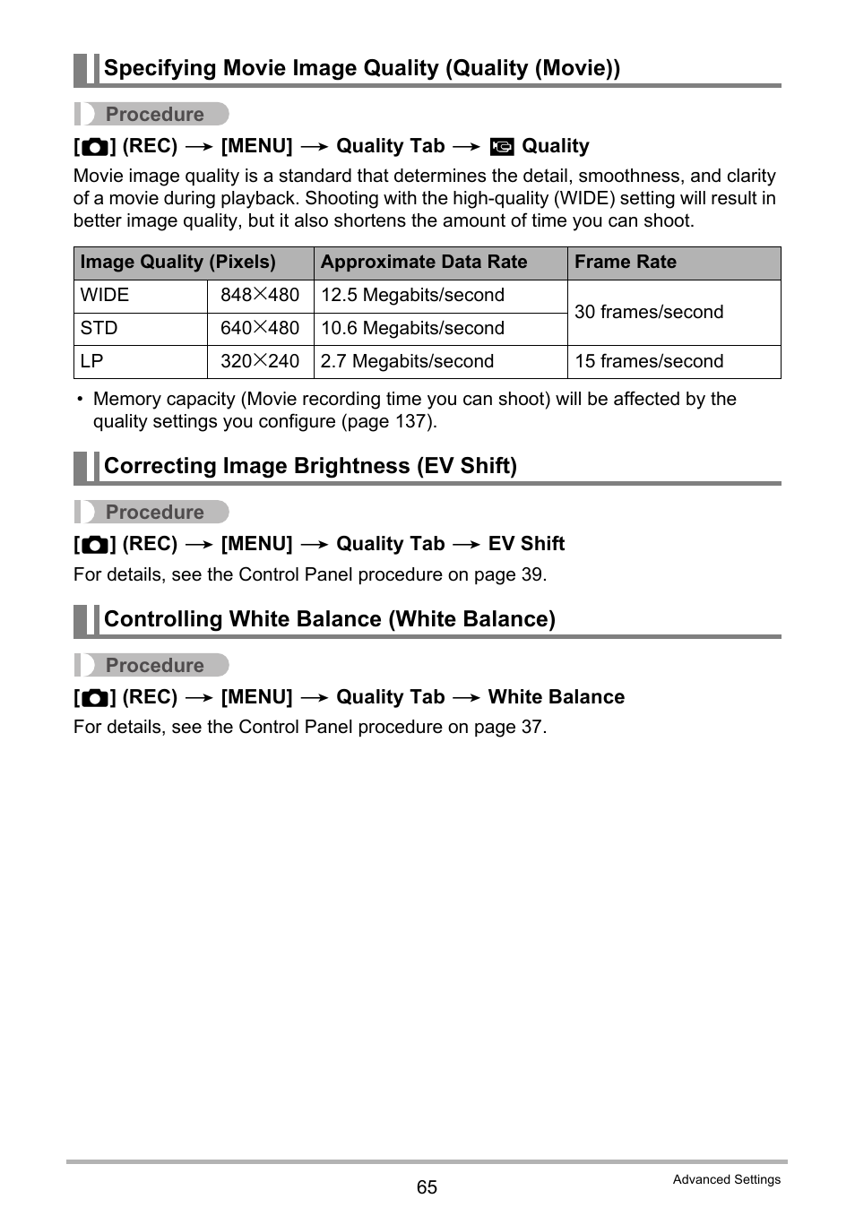Specifying movie image quality (quality (movie)), Correcting image brightness (ev shift), Controlling white balance (white balance) | Casio EXILIM EX-Z33 User Manual | Page 65 / 142