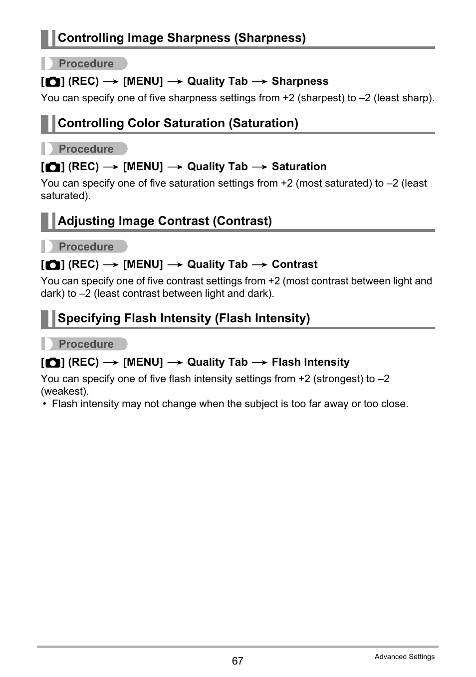 Controlling image sharpness (sharpness), Controlling color saturation (saturation), Adjusting image contrast (contrast) | Specifying flash intensity (flash intensity) | Casio EXILIM EX-Z33 User Manual | Page 67 / 142