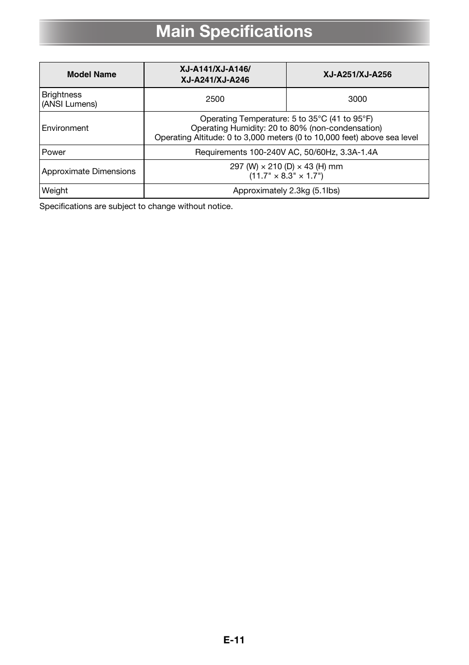 Main specifications | Casio XJ-A141 User Manual | Page 13 / 17
