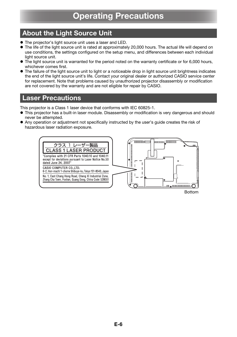 Operating precautions, About the light source unit laser precautions | Casio XJ-A141 User Manual | Page 8 / 17