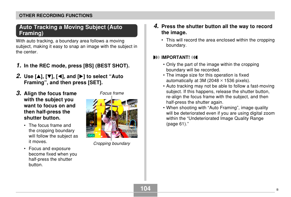 Auto tracking a moving subject (auto framing) | Casio EX-Z700 User Manual | Page 104 / 247