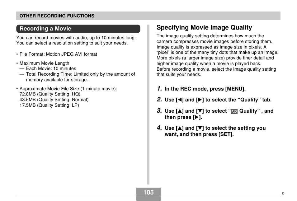 Recording a movie, Specifying movie image quality, 105 specifying movie image quality | Casio EX-Z700 User Manual | Page 105 / 247