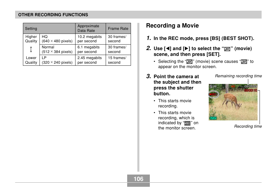 Recording a movie, 106 recording a movie 1 | Casio EX-Z700 User Manual | Page 106 / 247