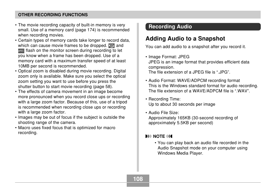 Recording audio, Adding audio to a snapshot | Casio EX-Z700 User Manual | Page 108 / 247