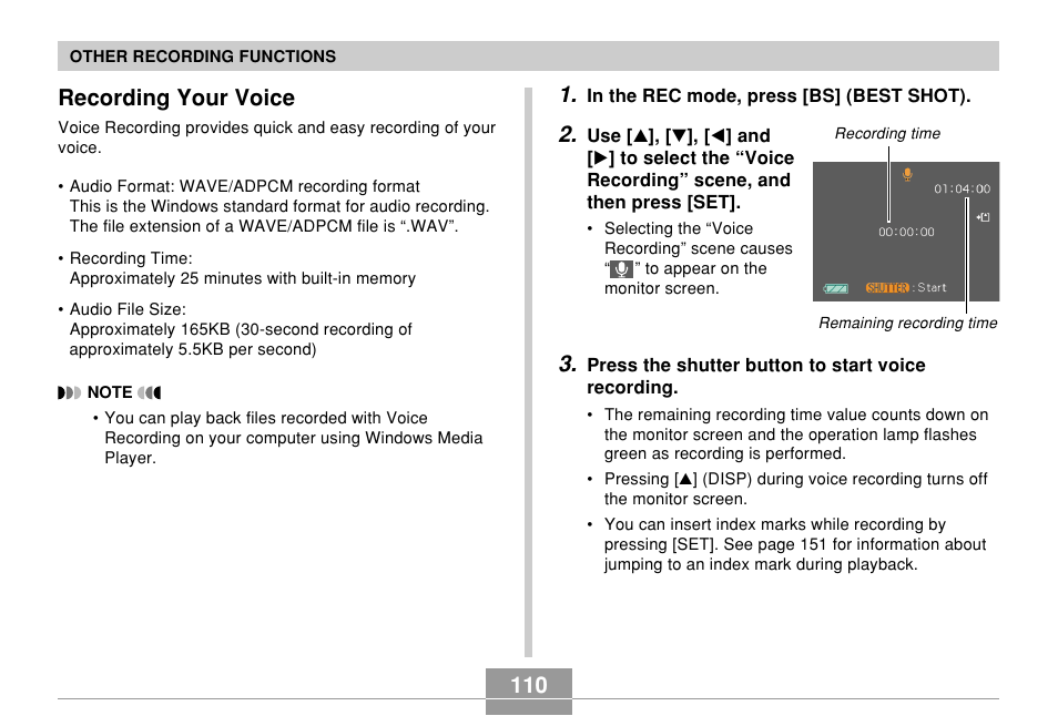 Recording your voice | Casio EX-Z700 User Manual | Page 110 / 247