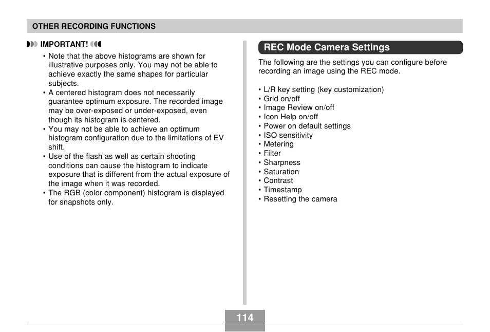 Rec mode camera settings | Casio EX-Z700 User Manual | Page 114 / 247
