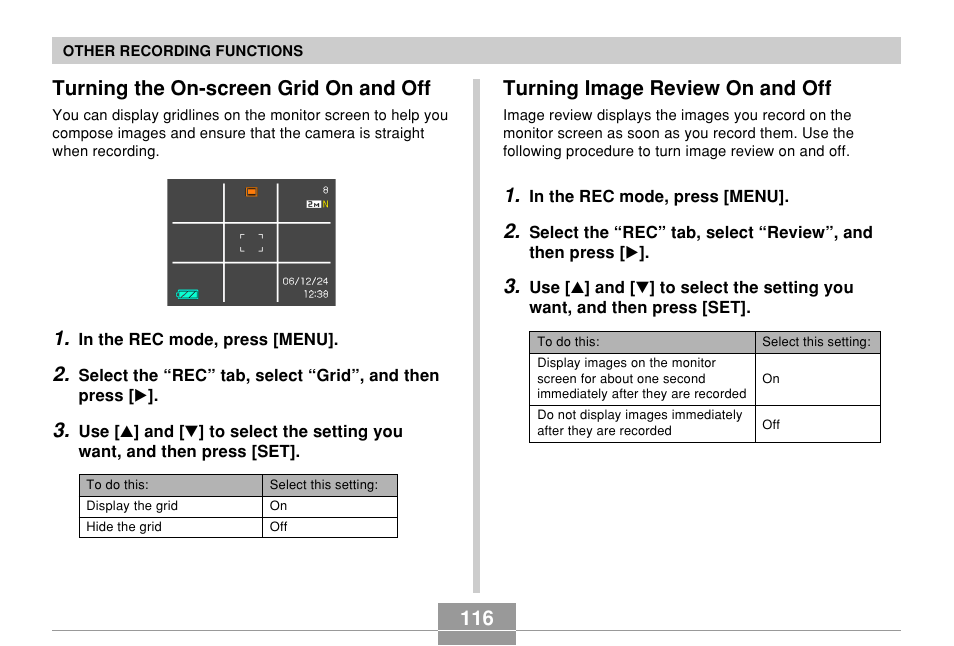 Turning the on-screen grid on and off, Turning image review on and off | Casio EX-Z700 User Manual | Page 116 / 247