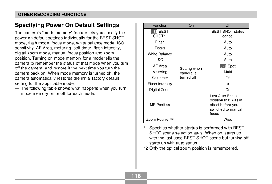 Specifying power on default settings | Casio EX-Z700 User Manual | Page 118 / 247