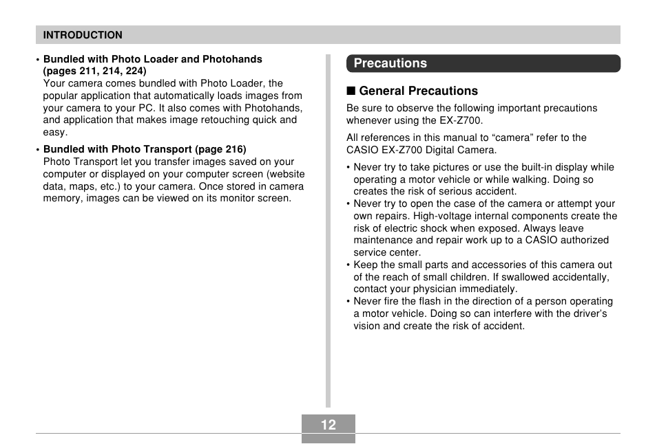 Precautions | Casio EX-Z700 User Manual | Page 12 / 247