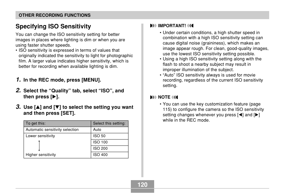 Specifying iso sensitivity | Casio EX-Z700 User Manual | Page 120 / 247