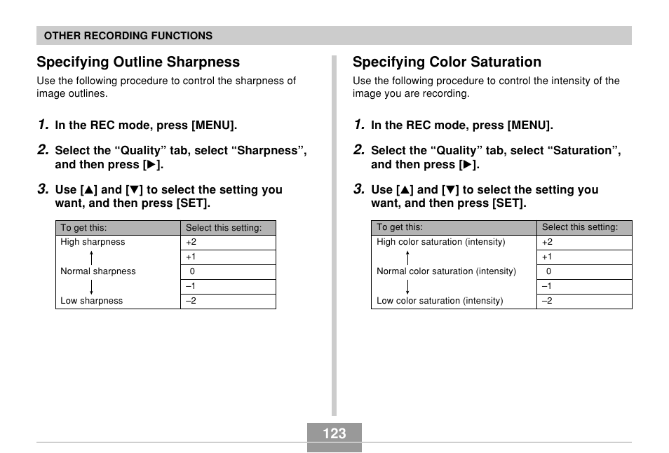 Specifying outline sharpness, Specifying color saturation, 123 specifying color saturation | Casio EX-Z700 User Manual | Page 123 / 247