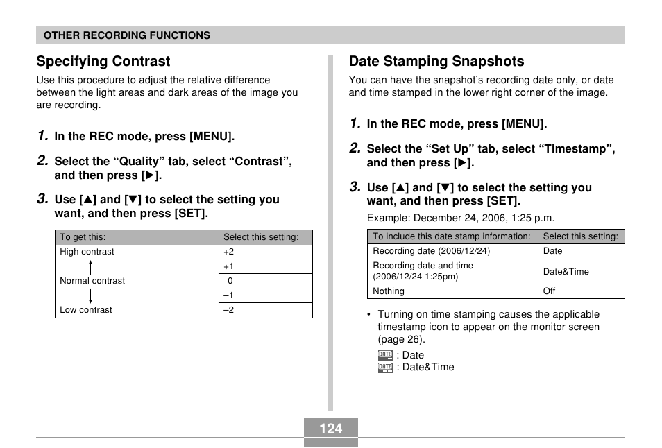 Specifying contrast, Date stamping snapshots, 124 date stamping snapshots | Casio EX-Z700 User Manual | Page 124 / 247