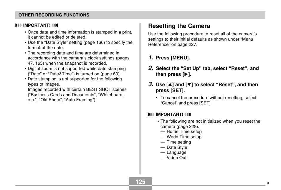 Resetting the camera, 125 resetting the camera | Casio EX-Z700 User Manual | Page 125 / 247