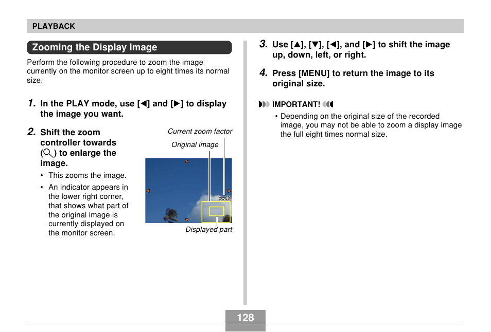 Zooming the display image | Casio EX-Z700 User Manual | Page 128 / 247