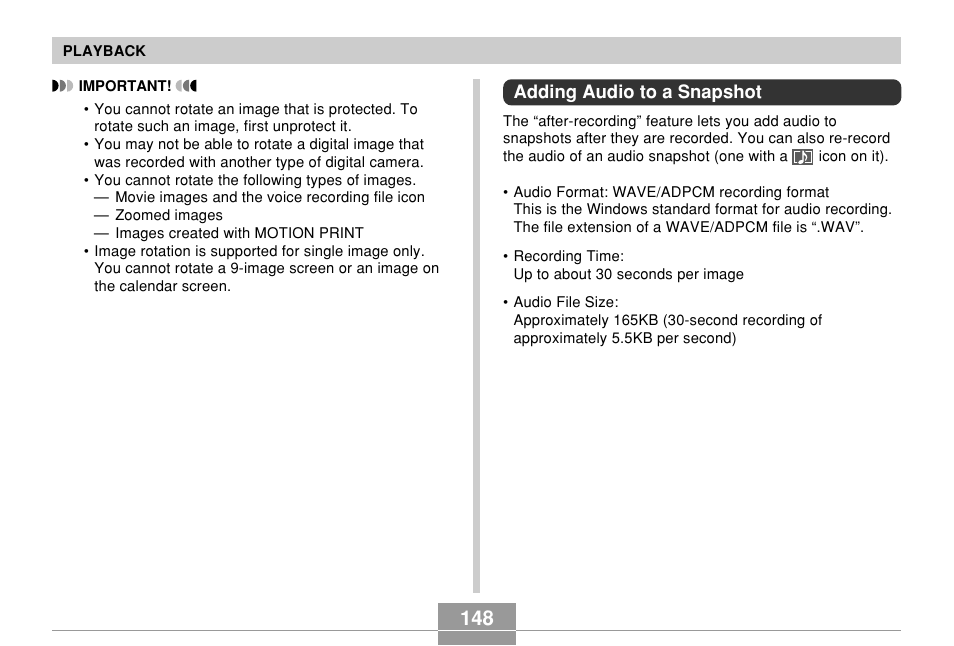 Adding audio to a snapshot | Casio EX-Z700 User Manual | Page 148 / 247