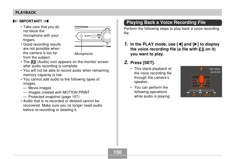 Playing back a voice recording file | Casio EX-Z700 User Manual | Page 150 / 247