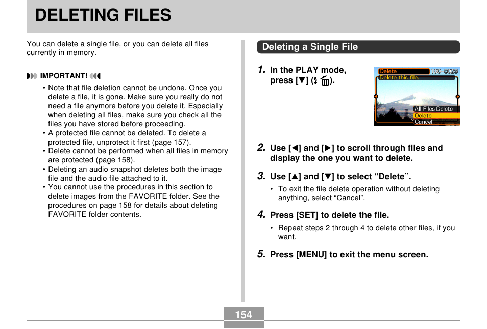 Deleting files, Deleting a single file | Casio EX-Z700 User Manual | Page 154 / 247