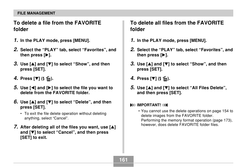 To delete a file from the favorite folder, To delete all files from the favorite folder | Casio EX-Z700 User Manual | Page 161 / 247