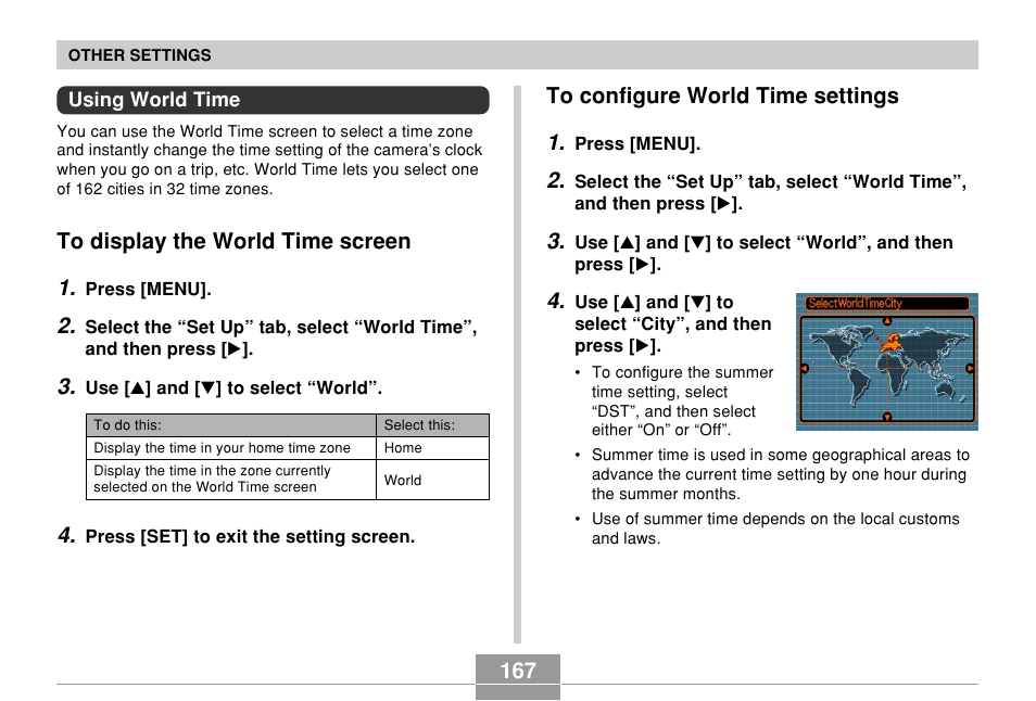 Using world time, To display the world time screen, To configure world time settings | Casio EX-Z700 User Manual | Page 167 / 247