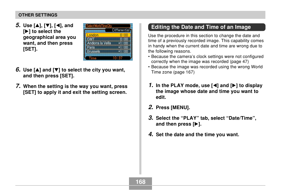 Editing the date and time of an image | Casio EX-Z700 User Manual | Page 168 / 247