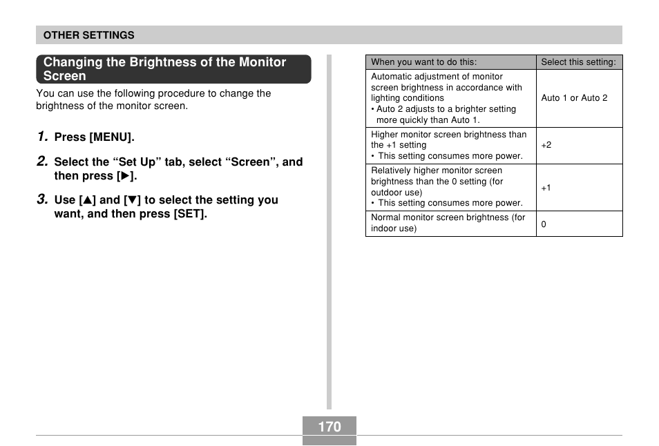 Changing the brightness of the monitor screen | Casio EX-Z700 User Manual | Page 170 / 247