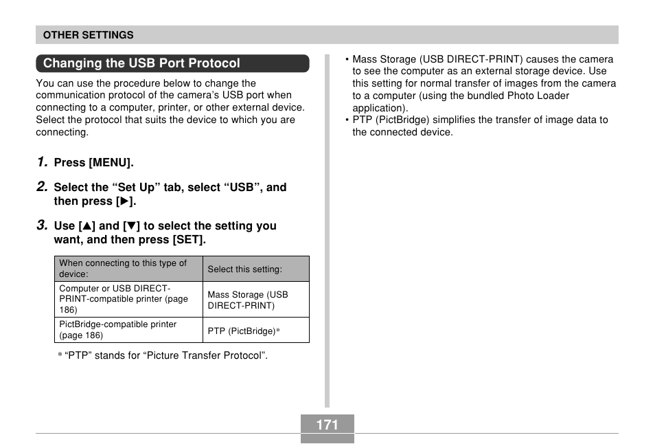 Changing the usb port protocol | Casio EX-Z700 User Manual | Page 171 / 247