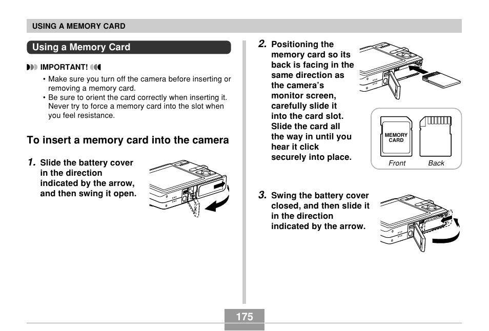 Using a memory card, To insert a memory card into the camera | Casio EX-Z700 User Manual | Page 175 / 247