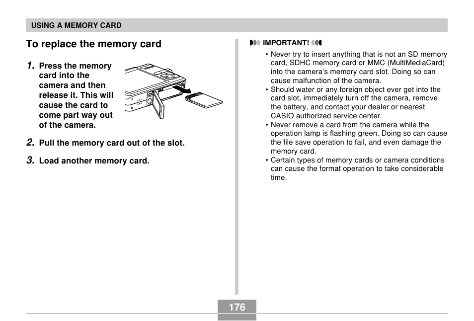 To replace the memory card | Casio EX-Z700 User Manual | Page 176 / 247