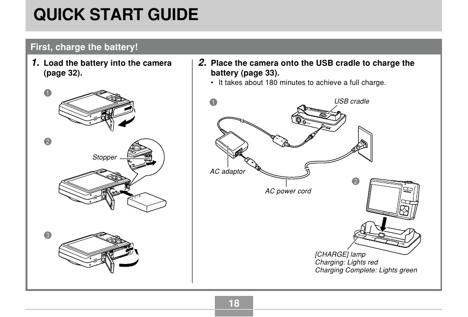 Quick start guide, First, charge the battery | Casio EX-Z700 User Manual | Page 18 / 247