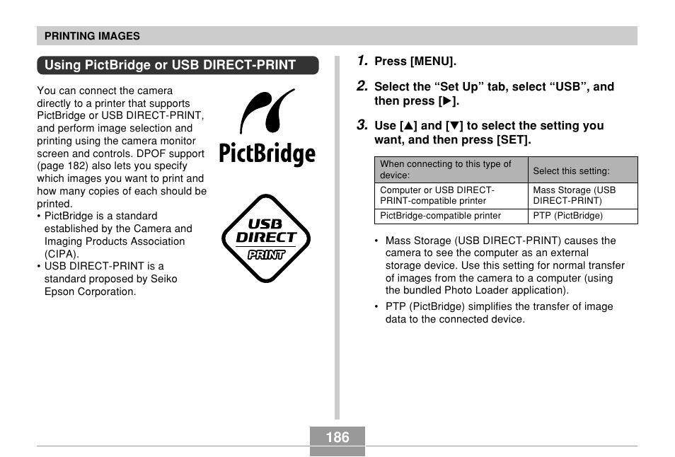 Using pictbridge or usb direct-print | Casio EX-Z700 User Manual | Page 186 / 247