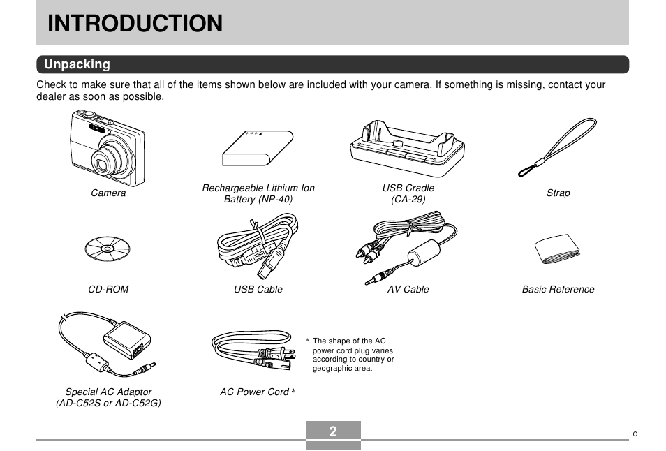 Introduction, Unpacking | Casio EX-Z700 User Manual | Page 2 / 247