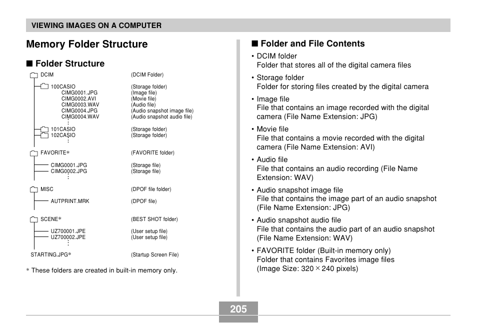 Memory folder structure, Folder structure, Folder and file contents | Casio EX-Z700 User Manual | Page 205 / 247