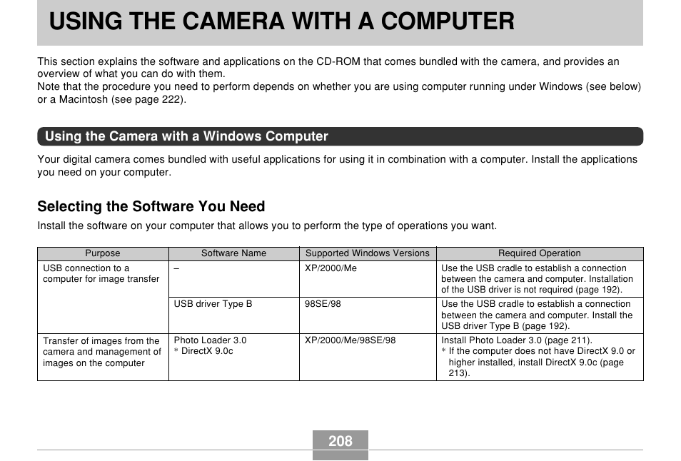 Using the camera with a computer, Using the camera with a windows computer, Selecting the software you need | Casio EX-Z700 User Manual | Page 208 / 247