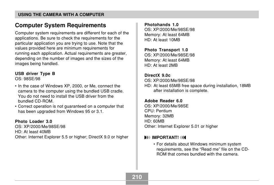 Computer system requirements, 210 computer system requirements | Casio EX-Z700 User Manual | Page 210 / 247