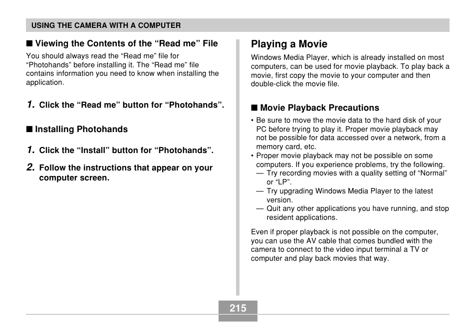 Playing a movie | Casio EX-Z700 User Manual | Page 215 / 247