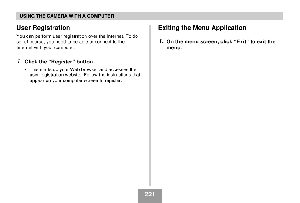User registration, Exiting the menu application | Casio EX-Z700 User Manual | Page 221 / 247